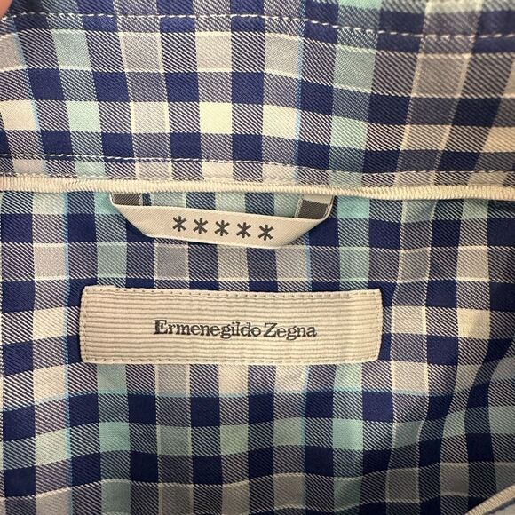Ermenegildo Zegna Shirt Mens Medium Blue Plaid Check Long Sleeve‎ Button Up - Picture 3 of 13